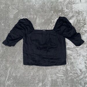 Rachel Zoe 100% Linen Black Puffed Sleeve Blouse Square Neck Size Large